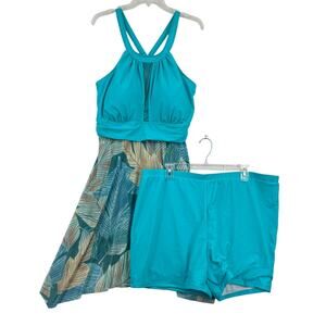 Nleyook Tankini Swim Dress Size 26W 2 Piece Swimsuit Turquoise Blue Tropical